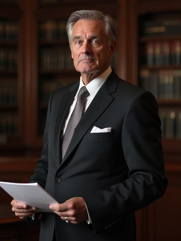 Portrait of a middle-aged male lawyer. Addressing audience while holding legal papers. Confident expression with direct eye contact. Standing in front of courtroom background. Dressed in elegant dark business suit and white dress shirt. Features visible legal books and blurred courtroom details. Captured in chiaroscuro lighting. Ultra-realistic style with natural skin texture.