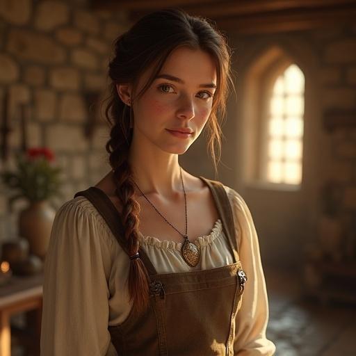 A young woman in a medieval fantasy setting. Soft rounded face and warm brown eyes. Gentle smile, pale skin with freckles. Chestnut brown hair in a braid. Wearing a modest dress and apron in earthy tones. Standing in a rustic stone cottage with warm lighting. Scene feels inviting and serene.