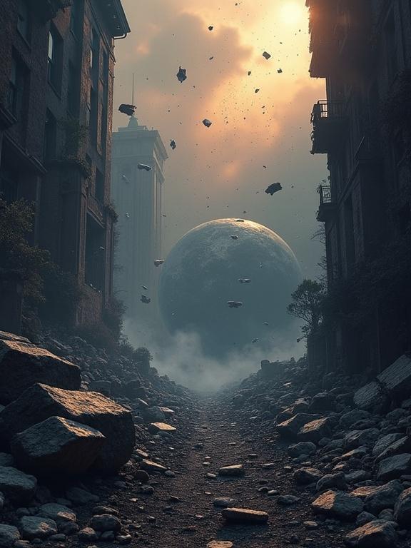 A stylized illustration showing a whole earth shattering dramatically with pieces falling apart. Dramatic lighting enhances the sense of loss and desolation in the scene.