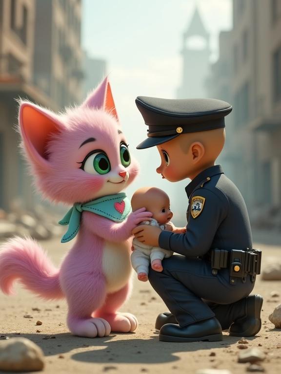 A pink and lavender fluffy kitten gently gives a baby to a police officer in a broken city. The kitten has big green eyes and a blue bandana with a heart. The officer kneels down to receive the baby in a white onesie. Crumbled buildings and smoke create a backdrop for this touching moment.