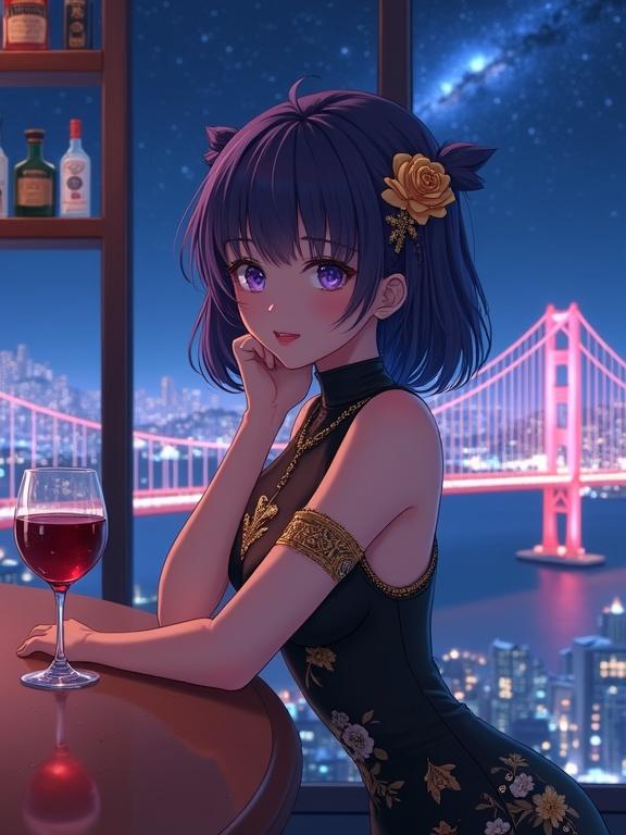 A beautiful anime-style lady leans on a wooden bar counter inside a high-rise lounge. She has shoulder-length dark violet hair adorned with a golden rose. Her large dark violet eyes show confidence and mystery. She wears a sleeveless black dress with a gold floral pattern. The bar has liquor bottles in the background. A night view shows a brightly lit bridge and a starry sky.