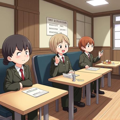 A school classroom with students seated at desks. Four students engage in an activity, looking curious and attentive. Light decor with classroom elements visible.