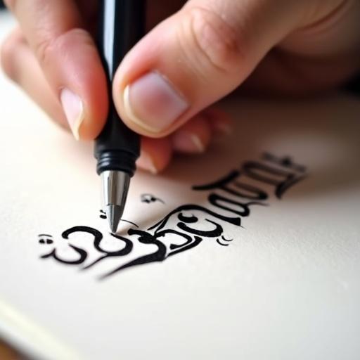 Close-up of a hand writing with a pen. Arabic calligraphy being created. Elegant script design. Writing technique in detail.