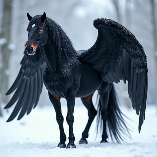 A black Pegasus stands in the snow. Wings are wide and magnificent. The horse has brown eyes. The setting is wintry with soft snowfall.
