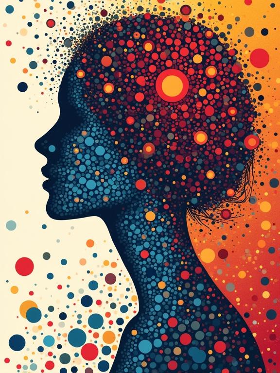 Abstract composition with layered colorful dots. Surreal peaceful woman silhouette. Style similar to Jack Kirby and Pablo Picasso.