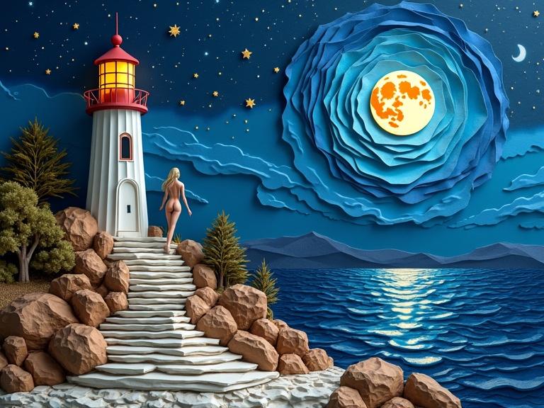 3D masterpiece with origami and layered paper folds. Features a white lighthouse and a nude woman on shore. Nighttime setting with a glowing moon and starry sky. Ocean reflections and rocky steps lead to the lighthouse. Detailed craftsmanship with a dramatic metallic color palette. Soft blue, gold and bronze tones. Textured layers create depth.