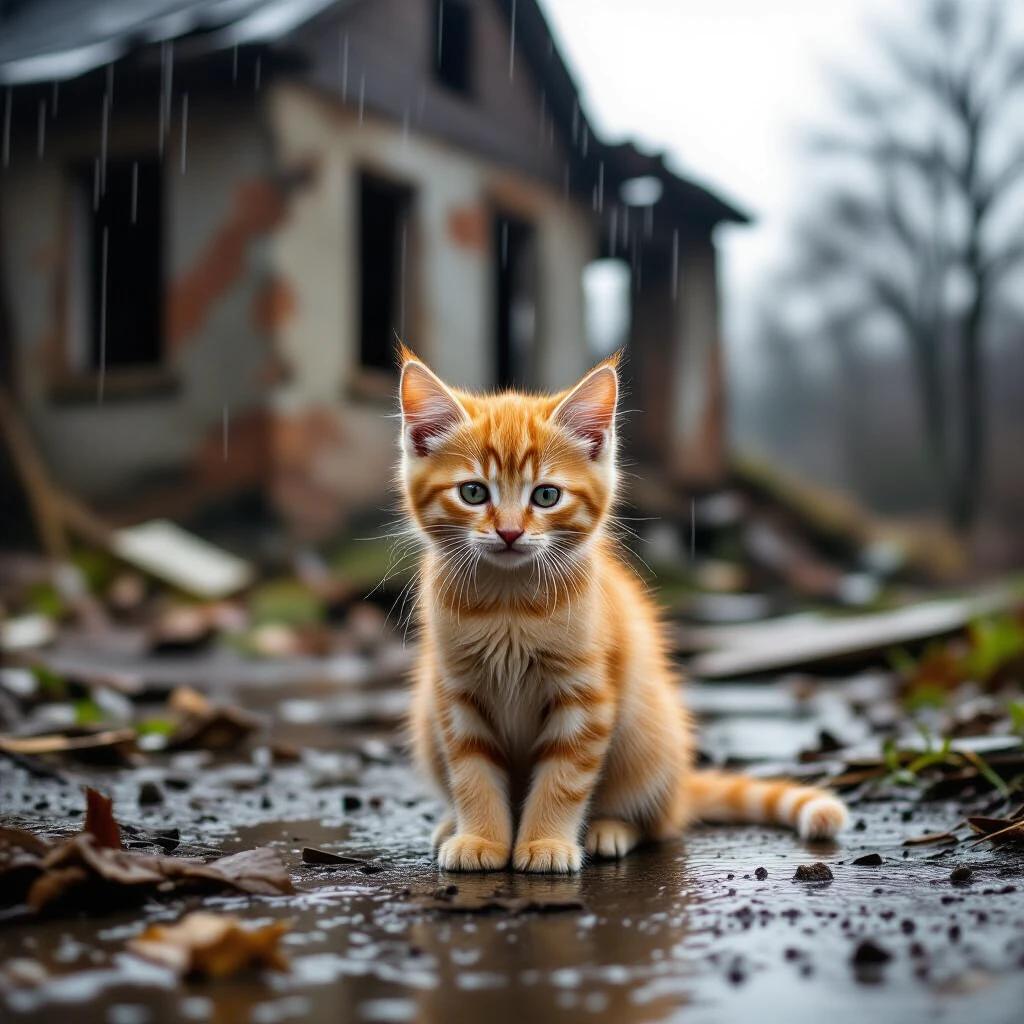 Orange kitten sitting on a wet ground. Background shows a ruined house. Rain falls softly creating a sad atmosphere. Debris scattered around the ground. Kitten looks lonely and vulnerable.