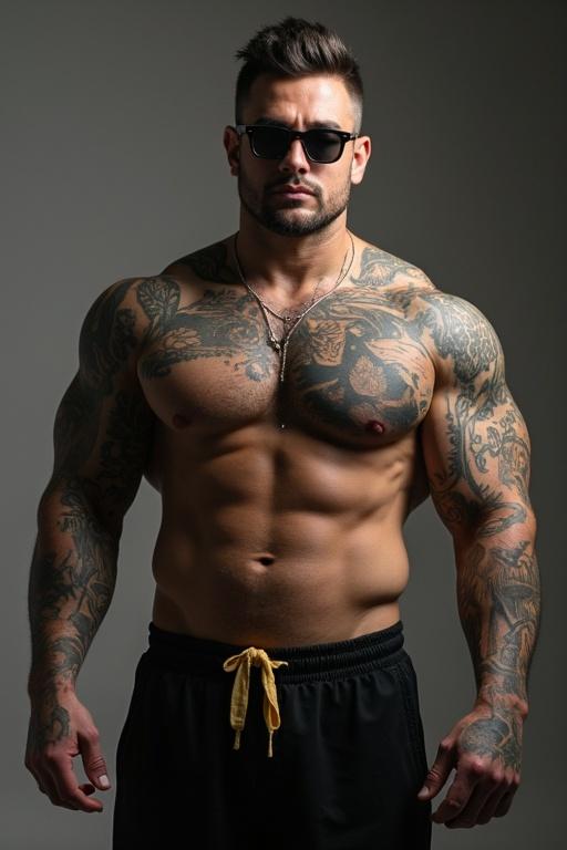 Muscular man wearing sunglasses tilting them up. Big muscles on arms and stomach. Well-defined legs. Tattoos covering body. Full-body image without cuts. Representing strength and confidence.