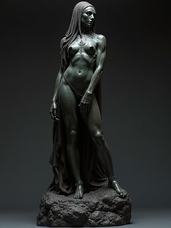Rodin sculpture of a Klingonian goddess posing nude on a black lava base. Artwork features mysterious atmosphere and gritty texture in fantasy art style.