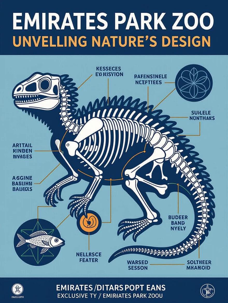 Poster design featuring a detailed schematic of a distinct animal skeleton. The style is inspired by biological maps or scientific illustrations. The color palette includes technical colors such as dark blue, white, and gray, enhanced with neon orange and green accents. A sense of knowledge and precision is portrayed to facilitate educational exploration. The text "Emirates Park Zoo - Unveiling Nature's Design" is included. Focused on scientific accuracy and educational character, exclusive to Emirates Park Zoo.