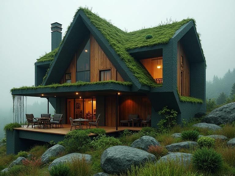 A futuristic dark house made from plant-based materials. The house features intricate botanical elements and wooden accents. The structure has an angular shape reminiscent of a modern haunted house. It shows natural grain and is reinforced with bioengineered bands. The design merges modern architecture with futuristic innovation. The scene highlights the relationship between nature and technology. The image is atmospheric and highly detailed.