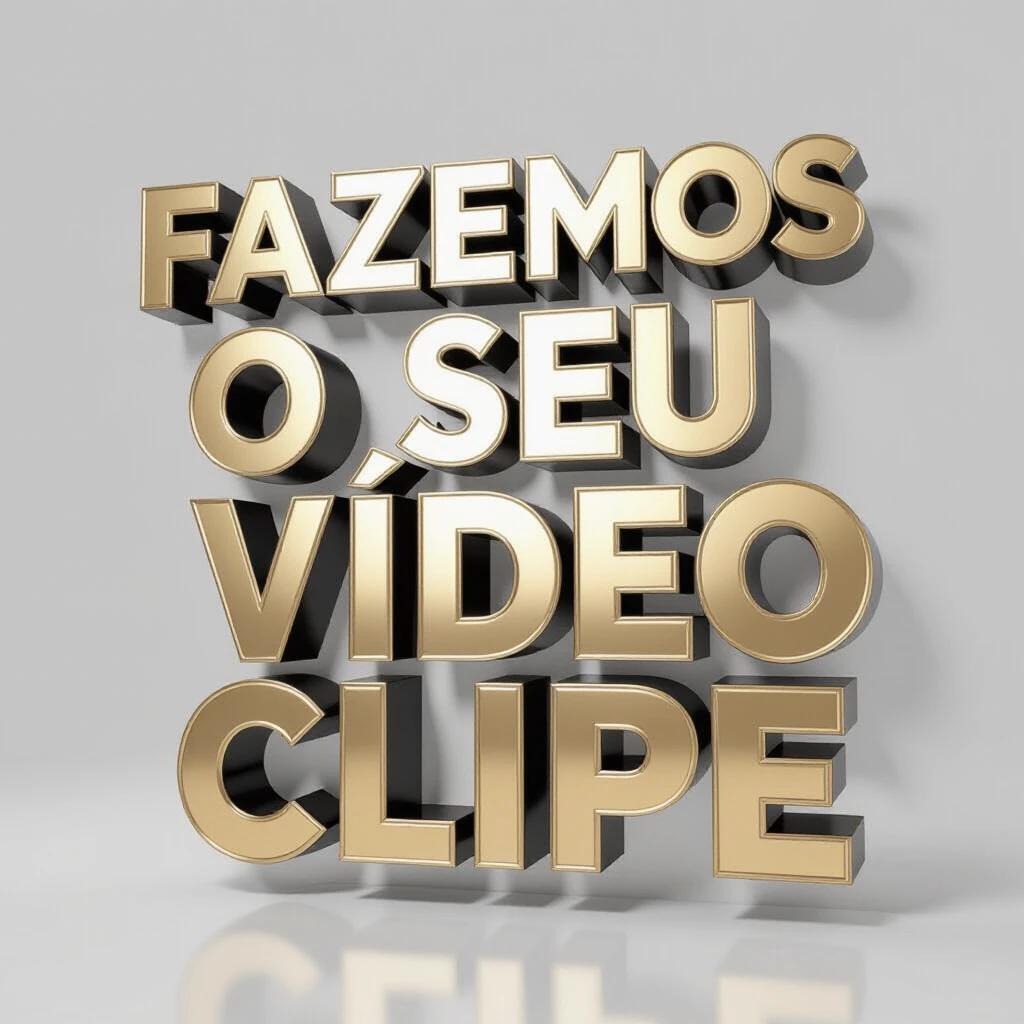 3D studio photograph of a sign. Central text says 'FAZEMOS O SEU VÍDEO CLIPE'. Text style is bold and modern with 3D effect. Gold and silver metal finish with realistic reflections. Includes smaller text below. Additional 3D icons like music note, professional camera, and dialogue bubble with 'CC'. Clean dark background for emphasis. Soft lighting from above for a professional look.