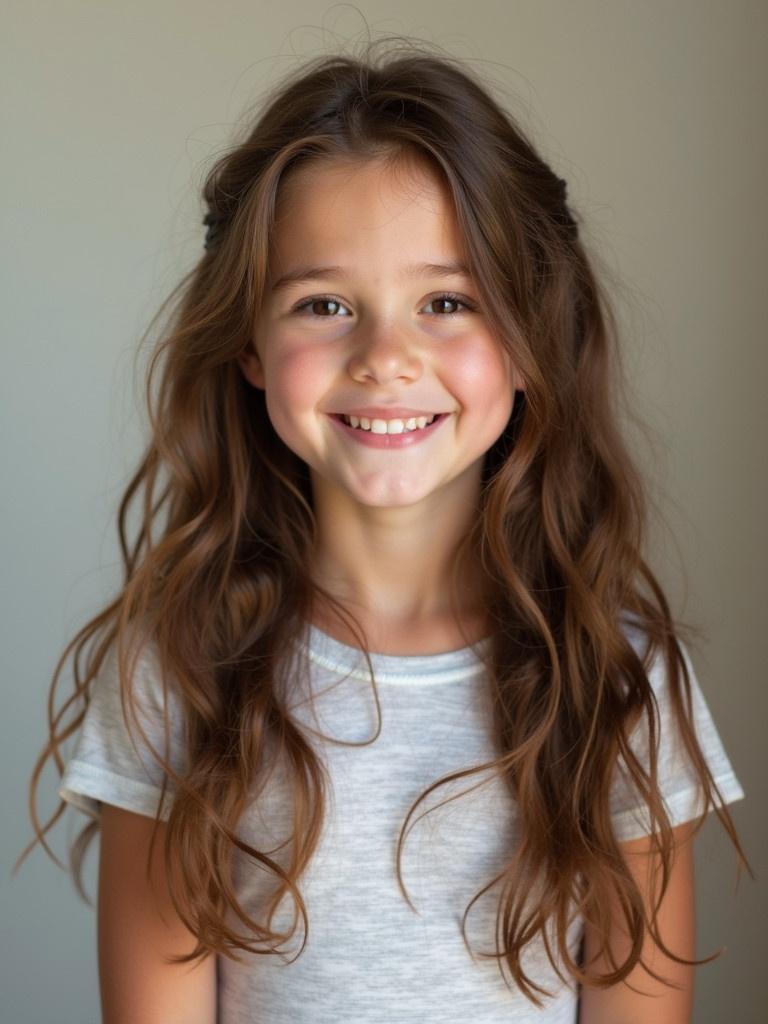 Portrait of a preppy 10 year old girl in casual attire. She has long brown hair flowing down her shoulders. The background is soft and neutral.