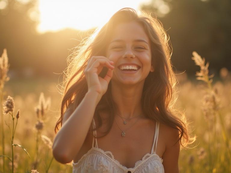 Candid shot of a young woman smiling in a sunlit field. Soft sunlight enhances her joyful expression. The scene showcases natural beauty in a warm environment.
