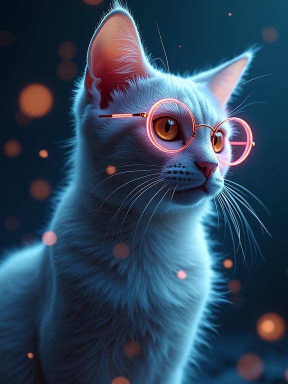 Image of a cat wearing glasses. The cat has a white fluffy coat. The setting has a futuristic and cinematic feel. Bright, glowing effects in the background. High-resolution details.