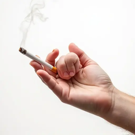 Close-up of a father's hand holding a lit cigarette. A baby's hand touches the father's fingers. Soft skin contrasts with aged hand. Smoke curls gently upwards. Soft, even lighting on a white background. No other elements present. Emotional and symbolic composition.