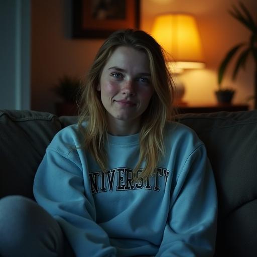 Ultra-realistic, intimate photo of a beautiful, sweet 19-year-old woman sitting on a sectional sofa in a dimly lit living room. Warm lighting from a lamp creates a cozy mood. Expression is shy but happy with rosy cheeks. Long honey-blonde hair with loose strands framing her face. Wearing an oversized blue university sweatshirt and grey yoga pants. Composition emphasizes emotional connection and softness in the scene.