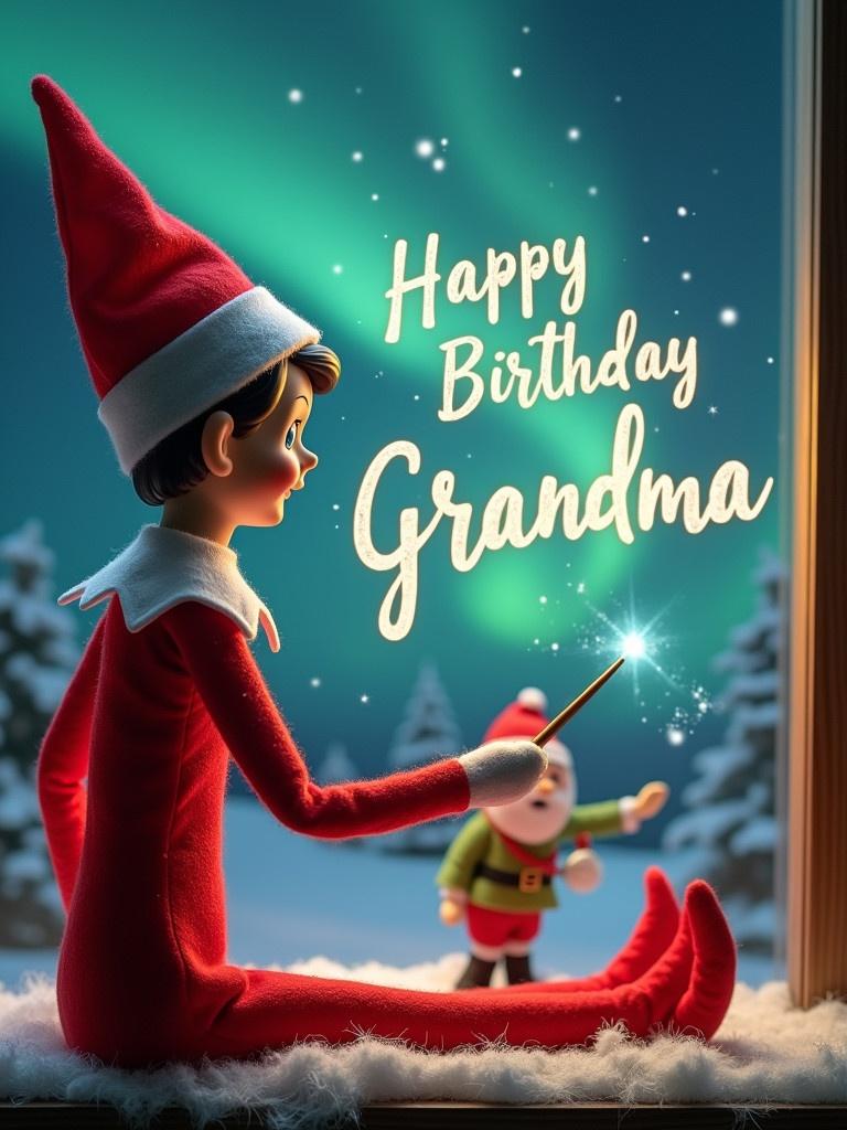 Elf holds magic wand writing Happy Birthday Grandma. Christmas scene features Northern Lights and Santa. Magical atmosphere with cozy decor. Child-friendly concept.