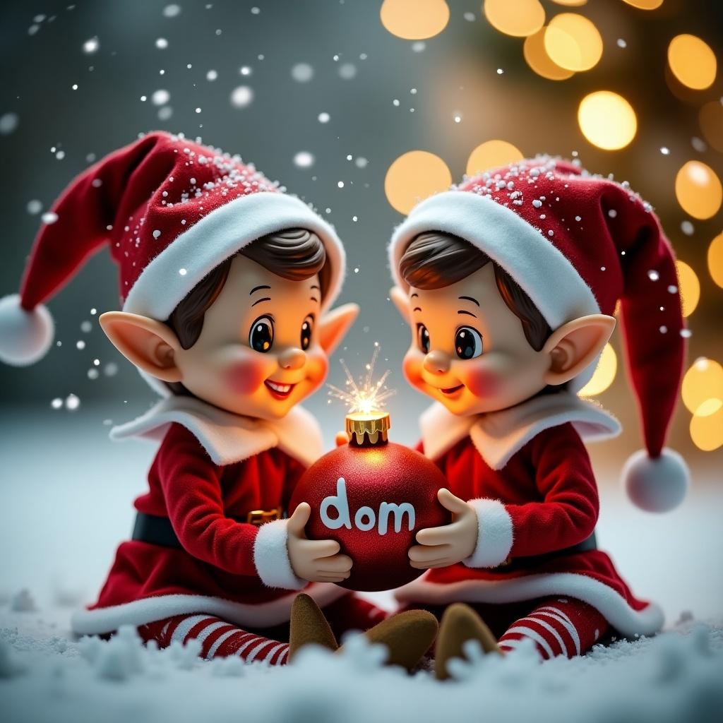 The image features two cheerful elves celebrating Christmas in a snowy setting. They are intimately engaged in holding a festive bauble with the name 'Dom' written on it. The background is filled with softly glowing lights that create a warm and inviting atmosphere. Both elves are dressed in traditional red and white outfits, showcasing a sense of holiday cheer. Snowflakes are gently falling around them, enhancing the magical feel of the scene. This image captures the essence of holiday joy and the spirit of giving, perfect for seasonal celebrations.