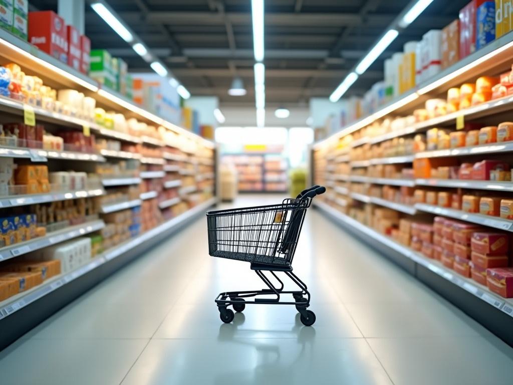 The image shows the interior of a bright and spacious grocery store. In the center, an empty shopping cart stands on the clean, polished floor. Shelves on either side are filled with colorful packaging of various grocery items like cheese and dairy products. The vibrant colors of the products contrast with the light ambiance of the store. Bright signs hang from the shelves guiding shoppers through the aisles. The scene creates a feeling of openness and invites shoppers to explore the offerings.