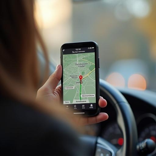 Une jeune femme tient un smartphone avec une application GPS qui affiche un itinéraire. L'écran présente un chemin de 'Contenu engageant' à 'Parlons RH' et ensuite à 'Leads qualifiés'. L'image montre l'intérieur d'une voiture en arrière-plan.