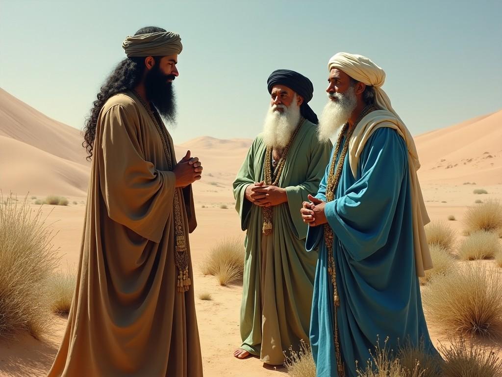 A captivating painting set in the semi-arid desert showcases a man named Ali with a mystical brown dress and a black beard. He is listening attentively to two wise men, one in a green dress and black turban, while the other is dressed in azure blue with a white turban. The characters have serene expressions, contrasting with the vast desert landscape filled with dry bushes. The artwork reflects profound wisdom and contemplation, drawing viewers into a tranquil moment of exchange. The depth and detailing invite a closer look at the characteristics of each figure in this enchanting scenery.