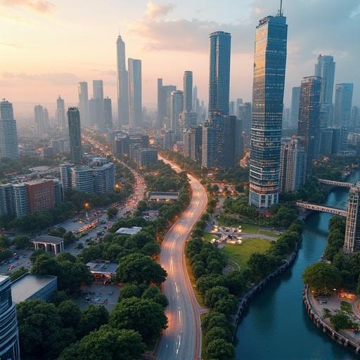 Aerial view of a modern city with a winding road and river. Skyscrapers with reflective glass surfaces. Lush greenery alongside the road. Golden hour light creating a warm atmosphere. Suitable for city design in video games.