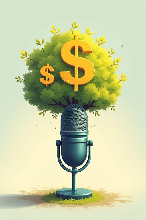 Conceptual illustration for podcast monetization ebook featuring a microphone with a tree growing from it. Tree has dollar sign leaves. The atmosphere is bright and hopeful. Created as a digital painting.