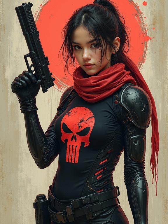 Full body portrait of a young girl in a tactical exo suit. The girl has a striking appearance with freckles and sensual lips. She holds a Glock with a silencer. The suit features biomechanical parts. A vibrant red Punisher logo is on her t-shirt. The background suggests a psychedelic theme. She has a confident expression and aggressive stance. Hair resembles Judy. Illustrative of a rebel in a resistance movement.