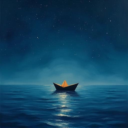 A small paper boat navigates a vast ocean under a starry night sky. Stars reflect in the calm water. The composition is dreamlike and minimalist with abstract elements. The style features textured brushwork and tells an emotive story.