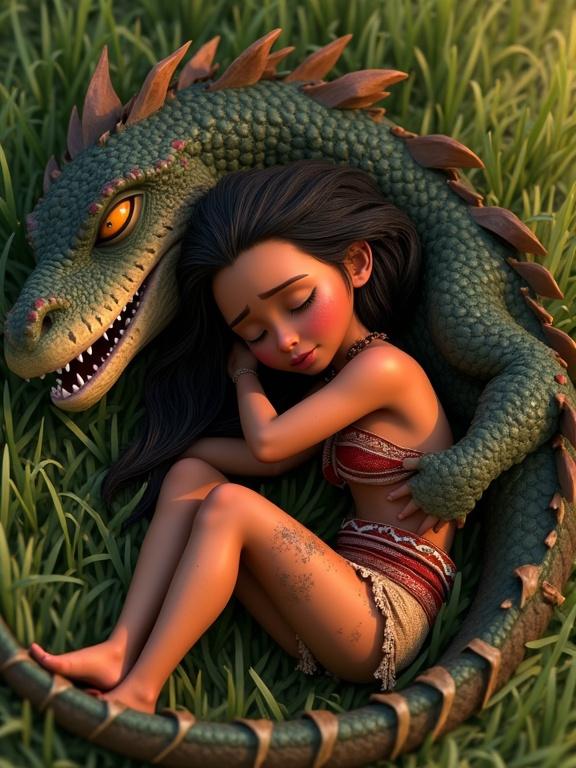 A beautiful injured sad tribal huntress lies on her back hugging a dragon friend in a meadow. She has long messy hair and is wearing a torn loincloth. The dragon is fierce with an open toothy muzzle. The scene is sunny with cinematic lighting, shining skin and details showing the fight aftermath.