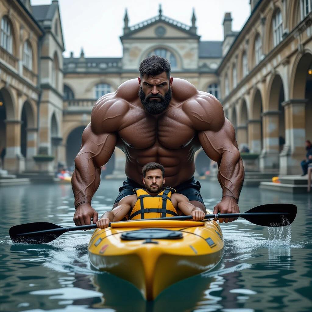 Hulking man with muscular physique kayaking in a scenic historical location. Full body view, strong presence. Photorealistic depiction.