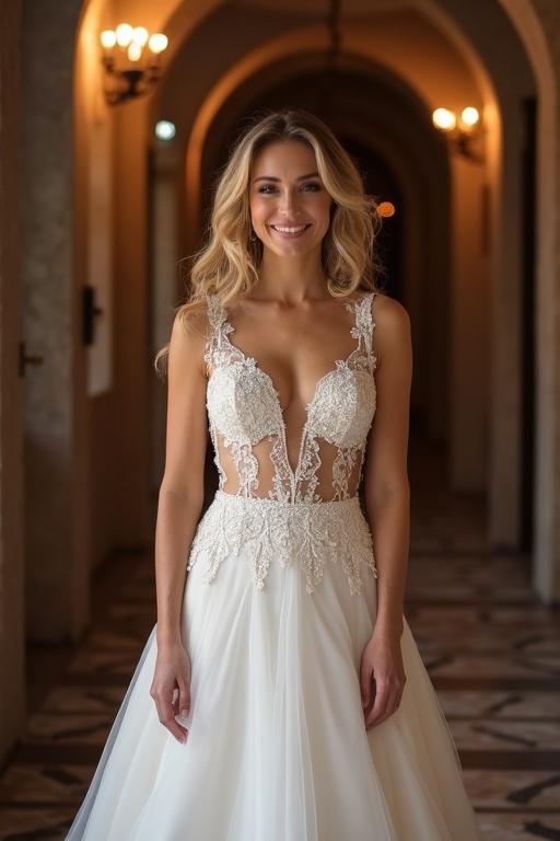 Beautiful bride wearing a wedding dress with a plunging neckline. Smiling and posing in a hallway. Elegant setting with soft lighting. Front view of the dress and bride's features.
