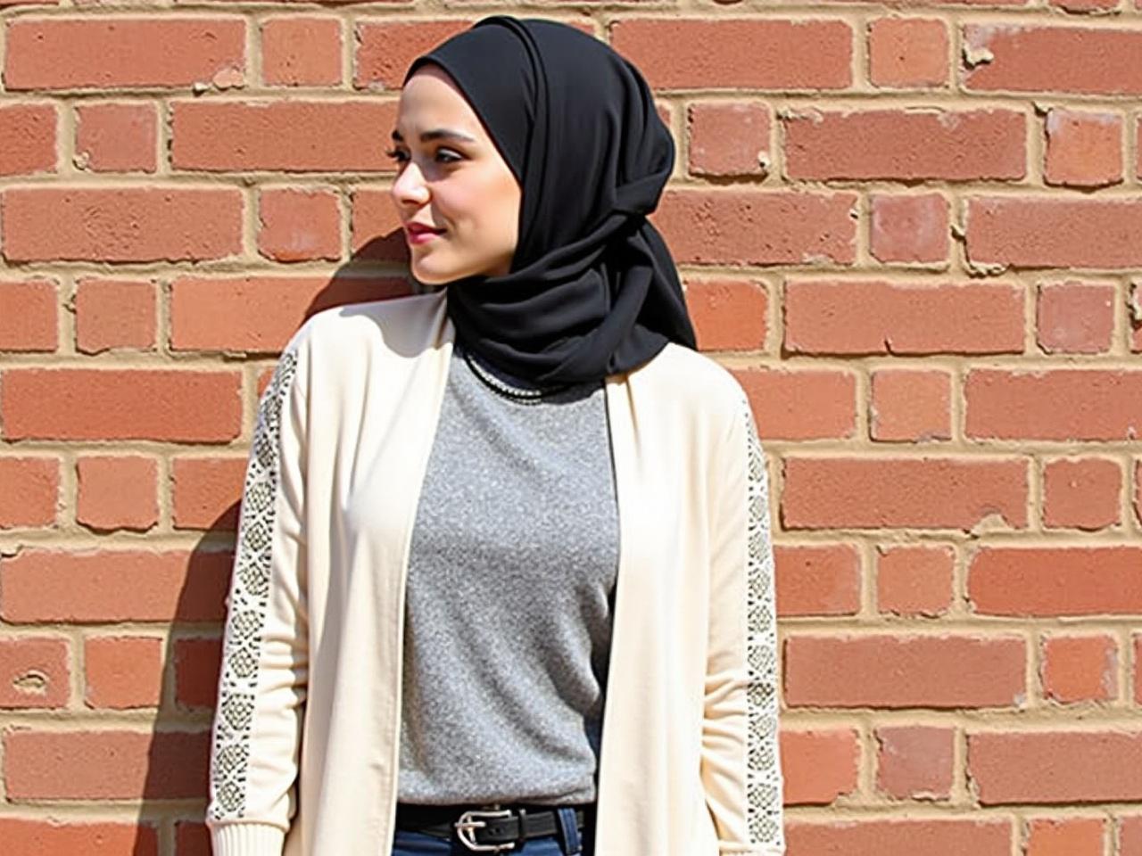 The image features a person standing against a brick wall. They are wearing a stylish outfit that includes a light beige cardigan with intricate details on the sleeves. The person has a black hijab wrapped around their head. The background consists of red bricks, creating a contrasting texture. The overall setting appears to be outdoors on a sunny day.