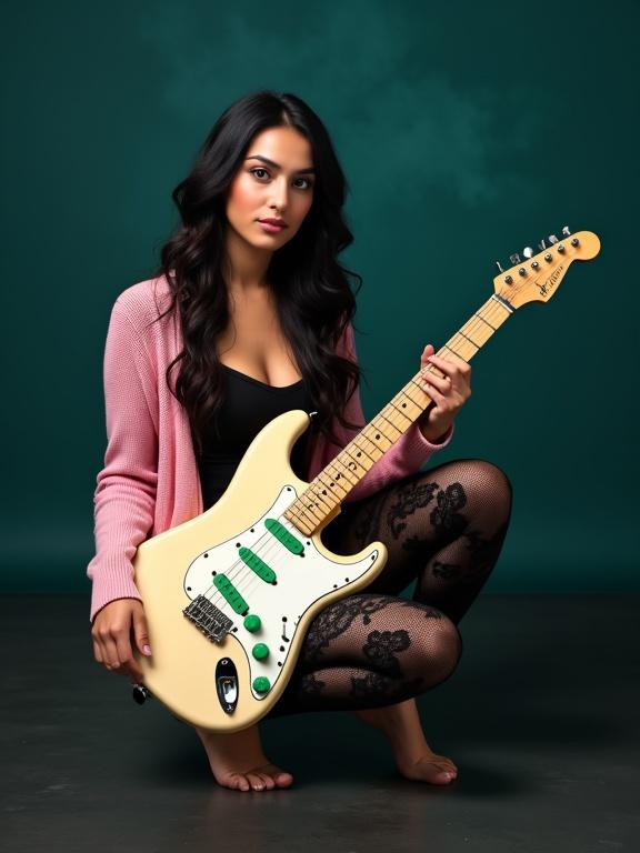 Photograph of a young woman holding a cream electric guitar. She has black hair and is wearing a pink cardigan. The background is dark teal with smoke. She is barefoot squatting on a dark floor.