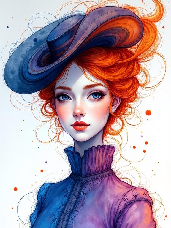 A marbled artwork displays swirling patterns of blue purple and orange inks forming a portrait of a Renaissance queen. She wears an elegant hat. Hair flows in an orange hue. Soft gaze and flared nostrils captured in a quarter-turn. Abstract shapes extend with delicate tendrils from central features. Translucent layers of ink create depth. White spaces contrast with ink flows. Feathered edges and color bleeds are characteristic of alcohol ink medium. Created with alcohol ink on paper featuring fluid transitions and organic patterns.