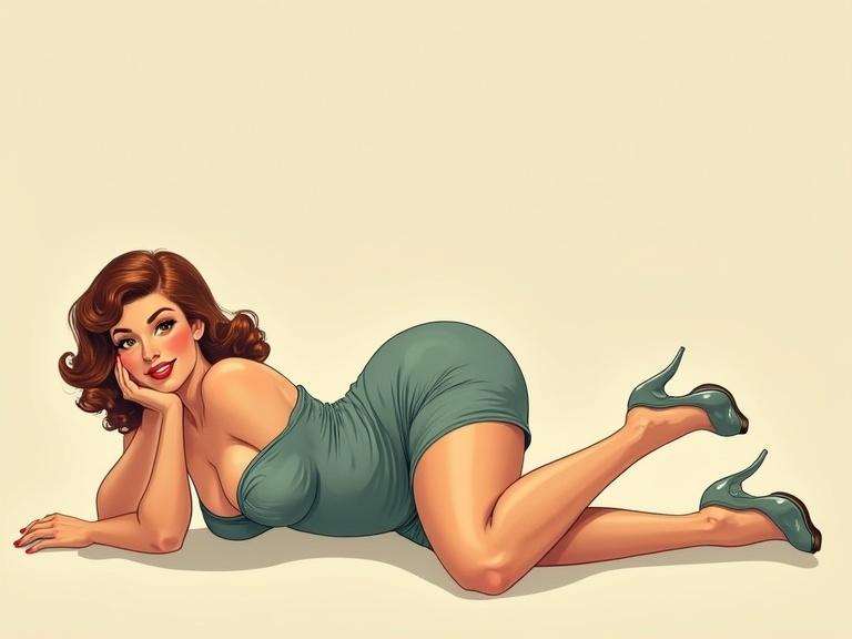 Illustration of a pinup model wearing a green minidress with high heels. The woman has curvy distinct features lying on the floor in a playful pose. Artwork utilizes pastel colors.