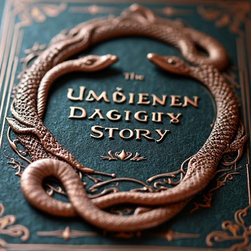Close-up view of an enchanted book called 'The Neverending Story'. The cover features intricate lettering inside an oval formed by two intertwined serpents. One serpent is light and the other is dark. The texture of the cover is detailed copper.