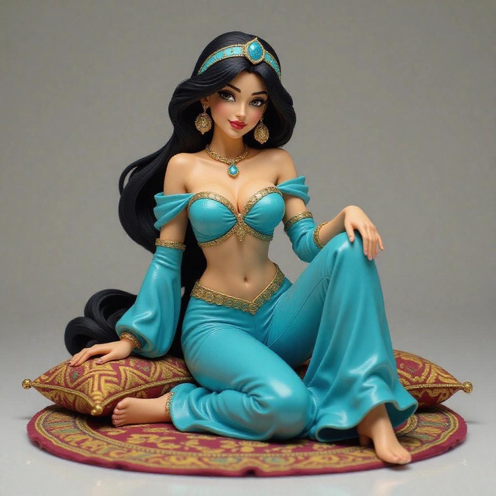 An ultra-detailed resin statue inspired by Princess Jasmine. A voluptuous and captivating woman with an exaggerated silhouette. Wears a blue ensemble with a sweetheart neckline and flowing pants. Seated on a rug with gold details. Long black hair styled in a ponytail. Holds a magic lamp. Confident and seductive expression.