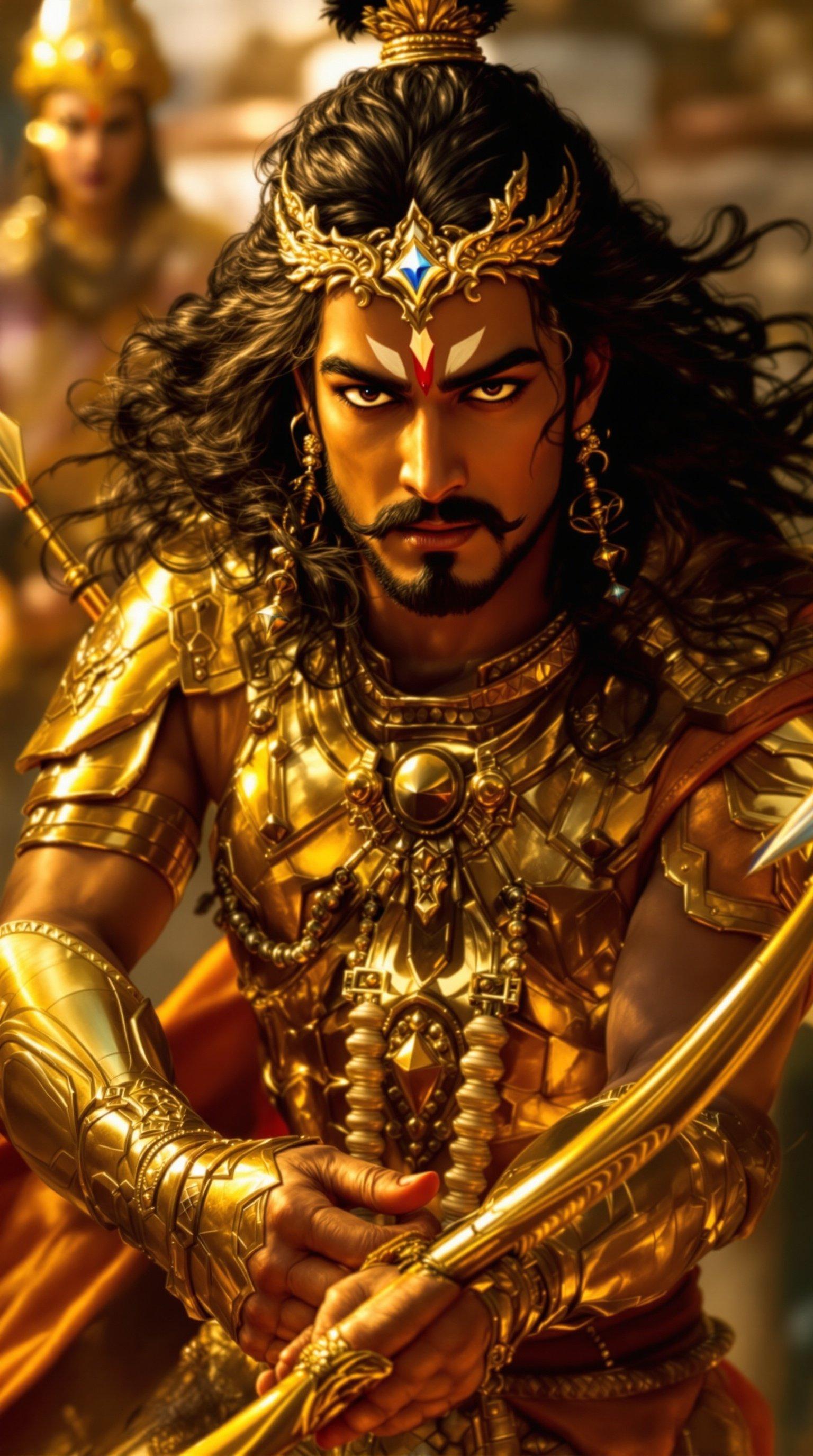 Arjuna reveals his warrior form, showcasing long black hair and golden armor. He holds a shining bow and arrow, embodying bravery and dignity. His expression is one of valor, capturing the essence of a heroic figure. In the background, King Virat and others gaze at him with awe and reverence. The scene is rich with cultural references, highlighting the dramatic storytelling of epic tales. A perfect blend of artistry and mythology, this image depicts the greatness of Arjuna's character.