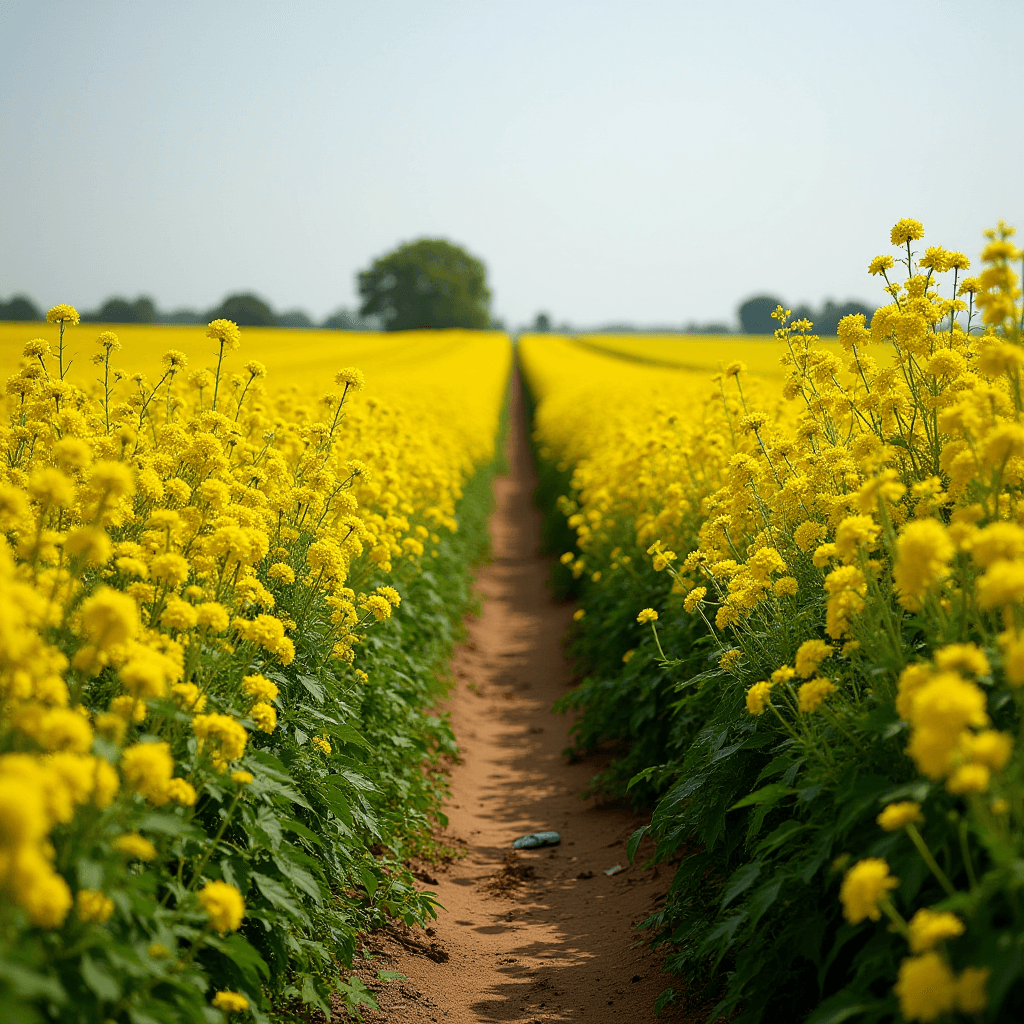 A dirt path runs between vibrant yellow flowers in a large field.