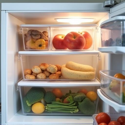 Big closed transparent storage boxes for food near the fridge contain various fruits and vegetables. Organized and bright interior with fresh produce.