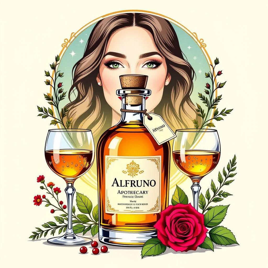 Stylized illustration of an apothecary-style bottle filled with golden-reddish herbal liqueur. The bottle has a cork lid and an elegant tag labeled ALFRUNO. Two elegant liqueur glasses flank the bottle. Surrounding elements include green herbs, wildflowers, and a rose. The background is beige with red circular text. The layout is symmetrical and balanced.
