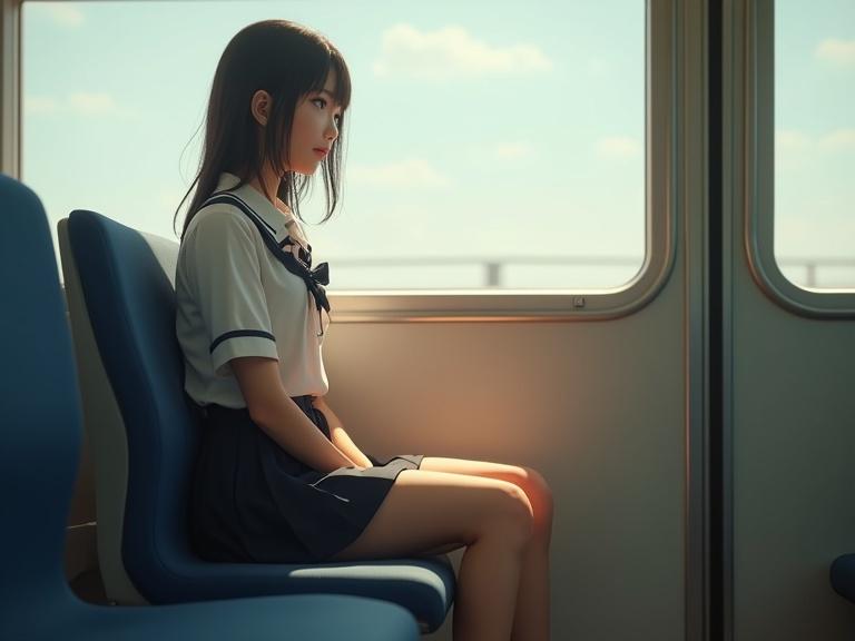 A young Japanese high school girl wears a realistic school uniform. She sits alone on a commuter train seat. The train carriage is empty with soft focus effects. Morning light streams through the train window, illuminating her. Her legs are elegantly crossed. This scene captures a realistic and detailed atmosphere.