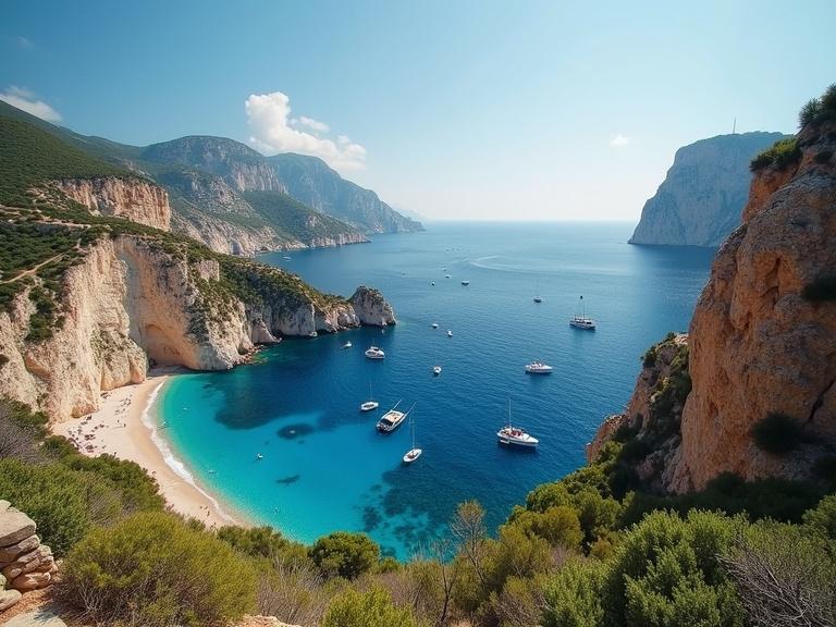 Realistic photo depicting a beautiful bay in Mallorca. Vivid turquoise water surrounded by cliffs and boats. Bright sunny day, showcasing natural beauty and inviting scenery.