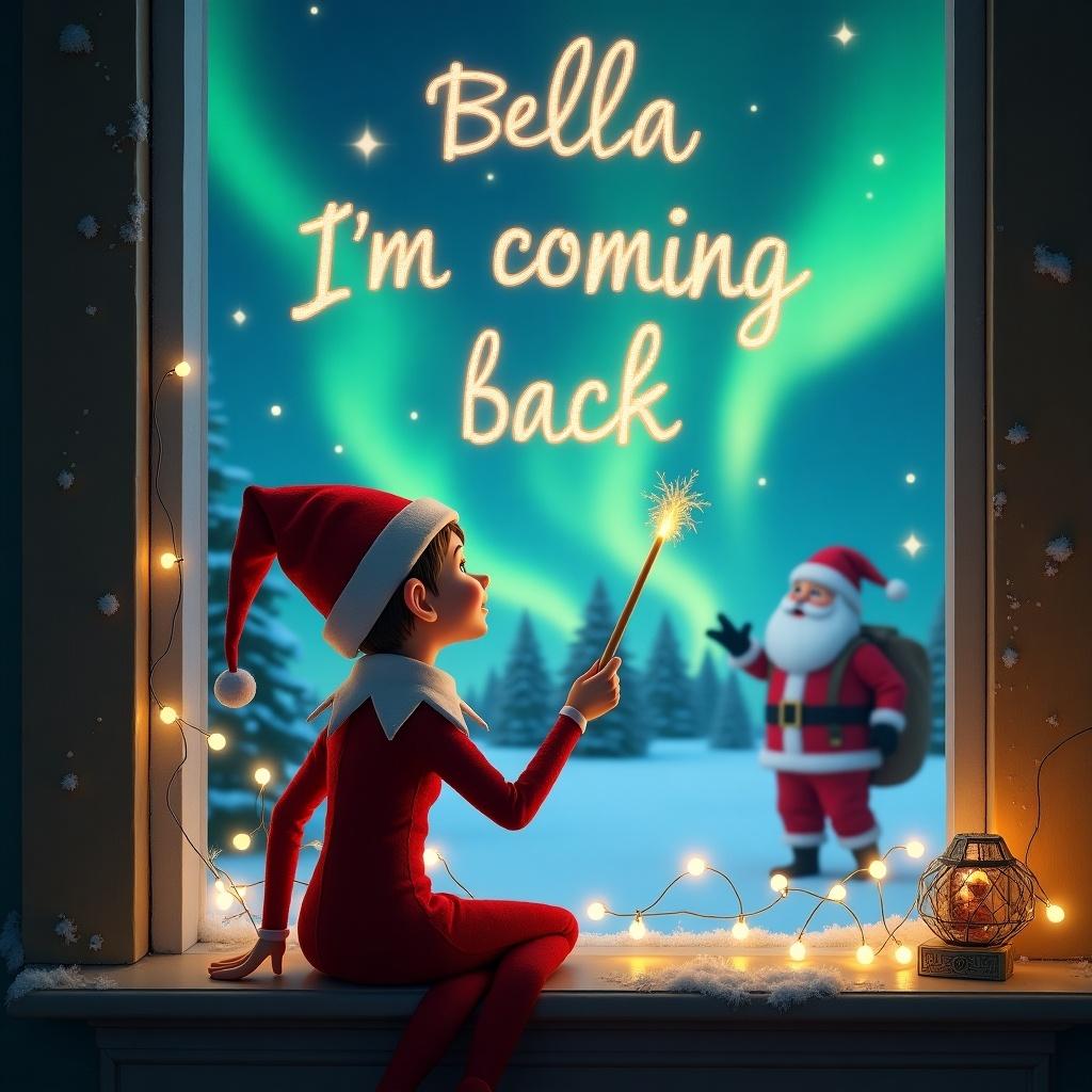 This image features an elf on the shelf sitting by a window, facing away from the viewer. The elf is using a wand to write the words 'Bella I'm coming back' in the sky. Outside the window, a magical Christmas landscape is visible with vibrant northern lights illuminating the scene. In the background, Santa is present, adding to the festive atmosphere. The scene is cozy and enchanting, perfect for the holiday season. Strings of Christmas lights adorn the window, enhancing the magical feeling.