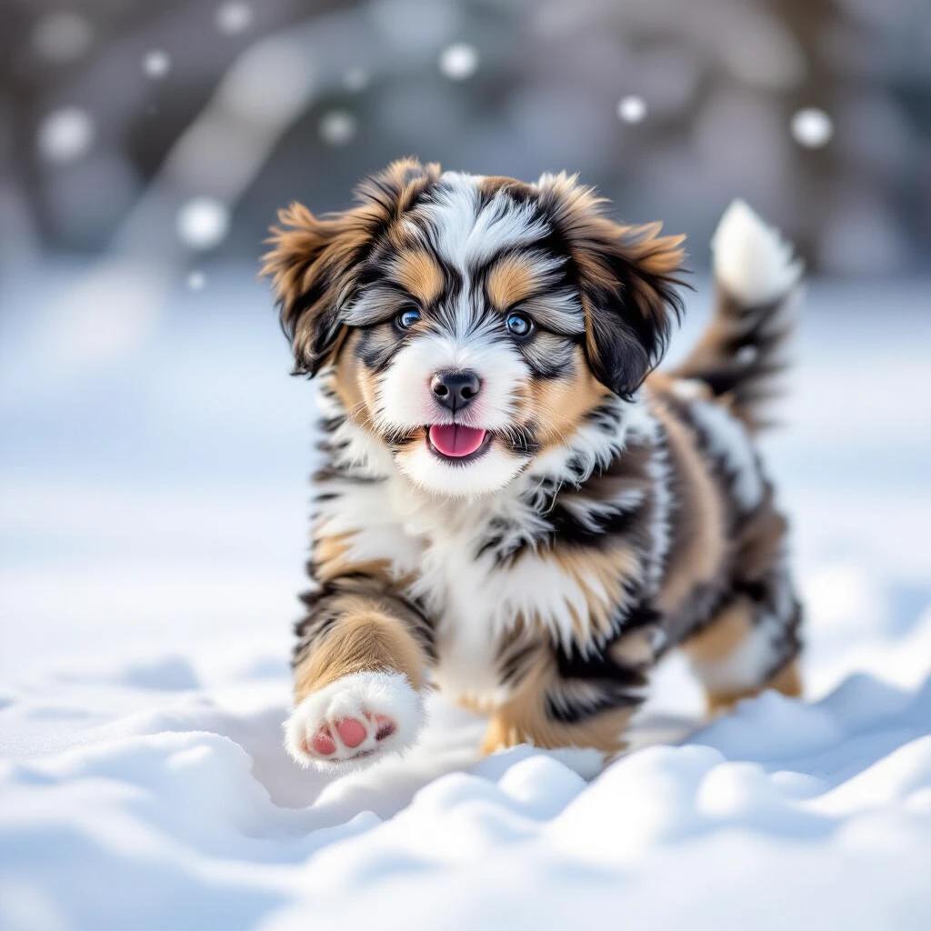 A happy multi-colored Havanese puppy named Willi runs joyfully through a snowy landscape. The puppy has fluffy fur with shades of brown, cream, and black. Snowflakes are gently falling around him as he enjoys the winter day.