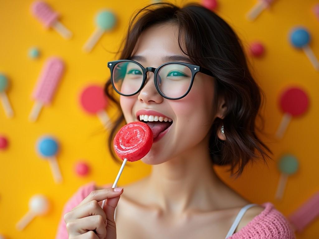 A woman in sunglasses enjoys a lollipop while posing against a textured wall.