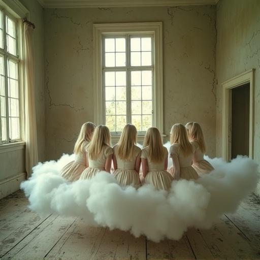 Hyper-realistic photo of seven identical twin sisters. Identical features include fair skin and platinum blonde hair. They wear soft ivory dresses. They are floating or sitting on a cloud. The setting is a large abandoned room with cracked walls and peeling paint. Broken wooden floorboards are visible. Golden light comes through tall dusty windows. The scene has an ethereal and melancholic quality. Natural soft light enhances the atmosphere. Image has a shallow depth of field. Captured with a full-frame DSLR and a 50mm lens for dramatic effect. Textures are highly detailed; poses are surreal and editorial in style.