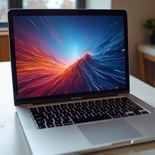 Laptop sits on a table with a colorful abstract screen display.